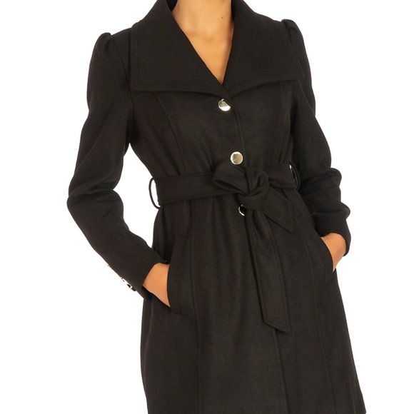 Wool-blend Black Pea Coat with Belt - Picture 1 of 7